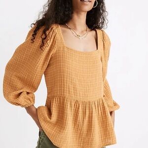 MADEWELL Yellow Peasant Balloon Plaid Top Shirt Blouse XXS